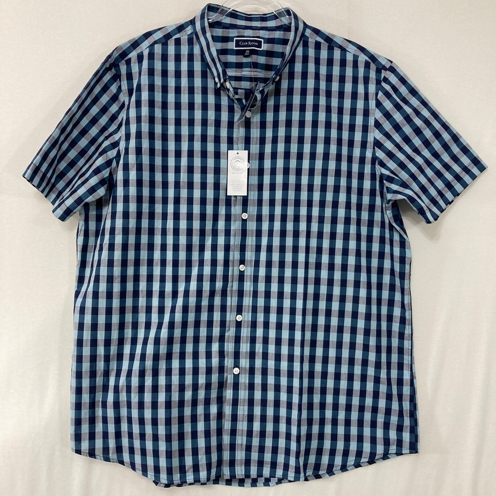 Club Room Short Sleeve Shirt XXL Blue Gingham Plaid Button Down Cotton Blend